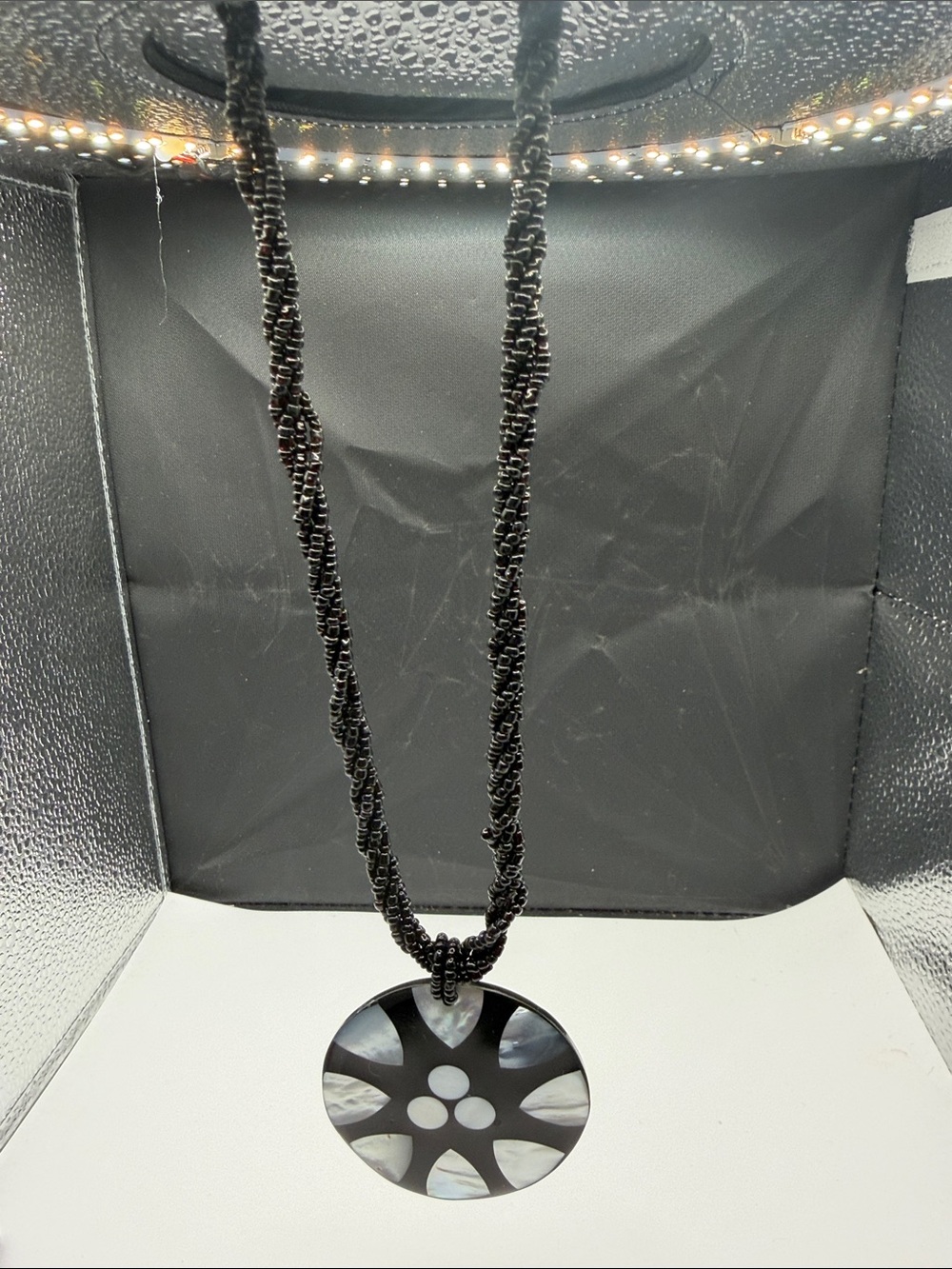 Black Shell Pendant Necklace with Braided Cord